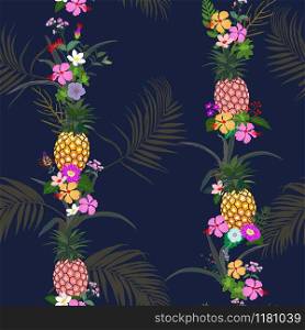 Colorful summer night tropical flowers and leaves seamless pattern on navy blue background,for decorative,fashion,fabric,textile,print or wallpaper,vector illustration