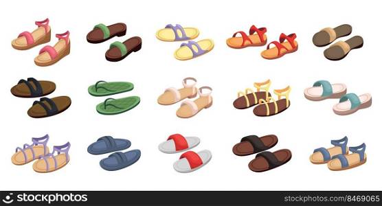 Colorful summer sandals cartoon illustration set. Pairs of male and female flip-flops, beach slippers for vacation or holiday on white background. Footwear, fashion, recreation, shoes concept