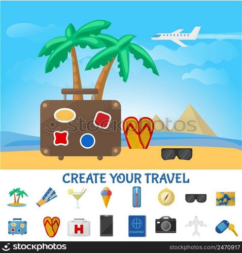 Colorful summer travel composition with bag flip flop sunglasses on tropical beach and vacation elements vector illustration. Colorful Summer Travel Composition