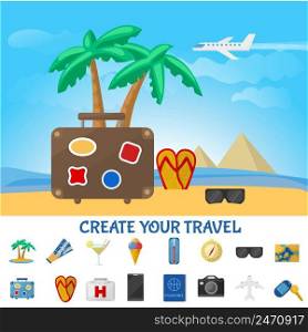 Colorful summer travel composition with bag flip flop sunglasses on tropical beach and vacation elements vector illustration. Colorful Summer Travel Composition