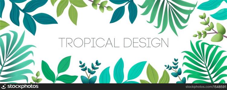 Colorful summer tropical background with exotic palm leaves and flowers. Horizontal banner, cover. Vector floral background.. Colorful summer tropical background with exotic palm leaves and flowers. Horizontal banner, cover. Vector floral background
