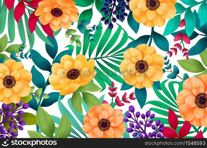 Colorful summer tropical background with exotic palm leaves and hibiscus flowers. Vector floral background.. Colorful summer tropical background with exotic palm leaves and hibiscus flowers. Vector floral background..