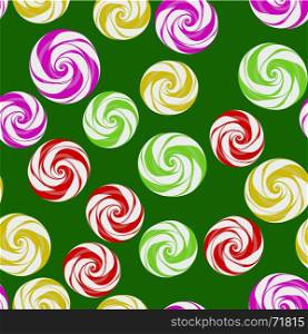 Colorful Sweet Candy Seamless Pattern on Green Background. Set of Colorful Sweet Candy