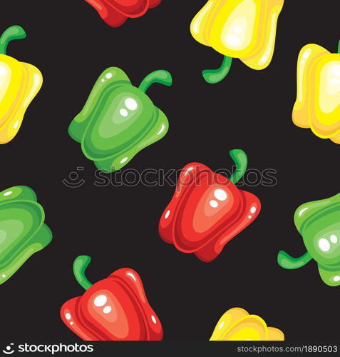 Colorful sweet pepper vegetables on black background seamless pattern. Vector illustration.