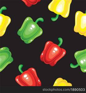 Colorful sweet pepper vegetables on black background seamless pattern. Vector illustration.
