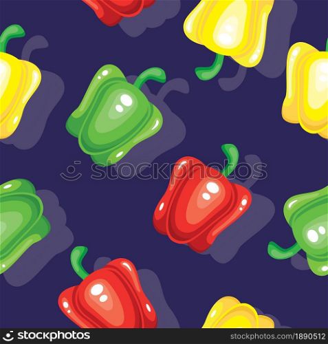 Colorful sweet pepper vegetables on blue background seamless pattern. Vector illustration.