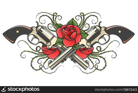 Colorful tattoo of Guns and Roses with Thorns isolated on white. Vector illustration.