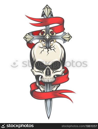 Colorful Tattoo of Skull Pierced by Sword and red Ribbon. Vector Illustration.