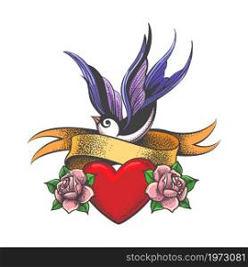 Colorful Tattoo of Swallow with Heart and Roses. Vector illustration.. Swallow with Heart and two Roses Flower Tattoo