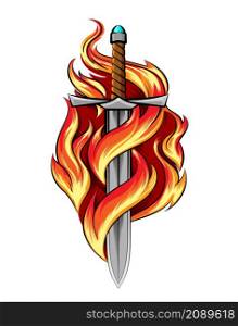 Colorful Tattoo of Sword burning in a Flame isolated on white background. Vector illustration.. Sword Burning in a Flame Tattoo isolated on white