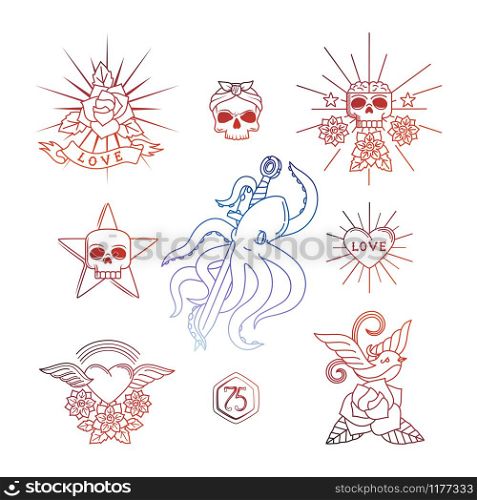 Colorful tattoo vector elements. Linear tattoos with skull and flowers, heart, sparrow or swallow bird isolated on white background. Linear tattoos with skull elements vector illustration