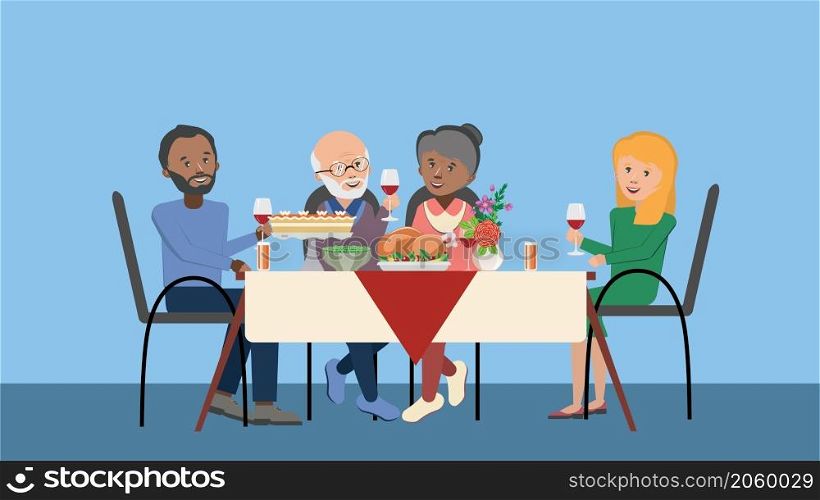 Colorful Thanksgiving celebration traditional dinner table and people illustration.