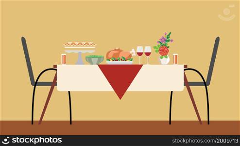 Colorful Thanksgiving celebration traditional dinner table illustration.