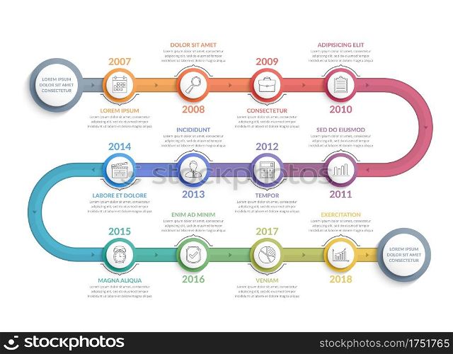 Colorful timeline infographics template with 12 steps, workflow, process, history diagram, vector eps10 illustration. Timeline Infographics