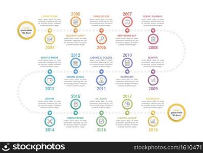 Colorful timeline infographics template with 15 steps, workflow, process, history diagram, vector eps10 illustration. Timeline Infographics