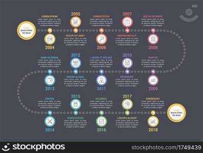 Colorful timeline infographics template with 15 steps, workflow, process, history diagram, vector eps10 illustration. Timeline Infographics
