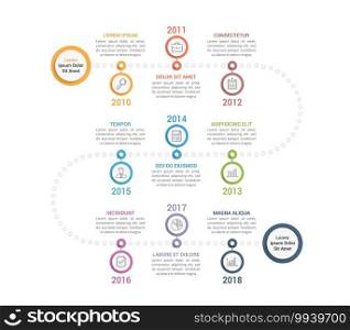 Colorful timeline infographics template with 9 steps, workflow, process, history diagram, vector eps10 illustration. Timeline Infographics