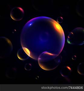 Colorful transparent soap bubbles on dark background realistic vector illustration. Soap Bubbles Background