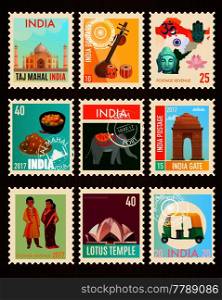 Colorful travel stamp cards set with traditional symbols and famous sights of india isolated on black background cartoon vector illustration. India Travel Stamp Cards