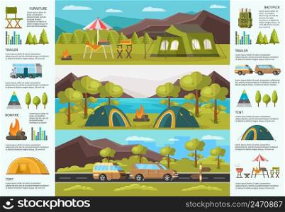 Colorful traveling c&ing infographic template with outdoor recreation equipment vehicles and elements on nature landscapes vector illustration. Colorful Traveling C&ing Infographic Template