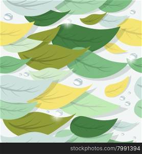 Colorful tree leaves and water drops. Vector seamless pattern