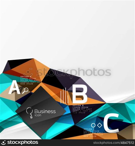 Colorful triangle mosaic 3d geometric object with infographics. Vector abstract background for workflow layout, diagram, number options or web design