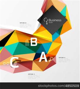 Colorful triangle mosaic 3d geometric object with infographics. Vector abstract background for workflow layout, diagram, number options or web design
