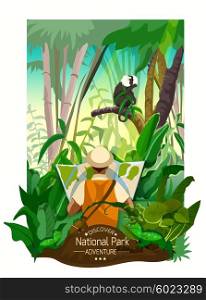 Colorful Tropical Forest Landscape Poster . Colorful tropical forest landscape poster with thickets monkey on branch and traveler with map in cartoon style vector illustration
