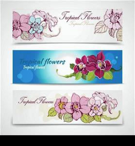 Colorful tropical hand drawn and sketch exotic flower decorative banners isolated vector illustration