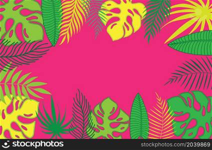 Colorful tropical leaves collection on pink background. Vector illustration. Frame, template, banner.