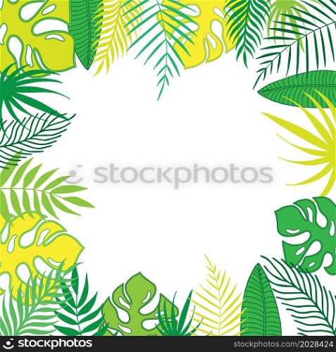 Colorful tropical leaves collection. Vector illustration. Frame, template, banner.