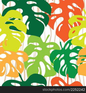 Colorful tropical monstera leaves. Vector illustration. Seamless pattern.