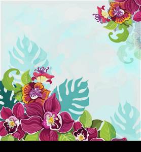 Colorful tropical pink purple and violet exotic flower garland decorative pattern background vector illustration