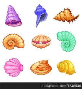 Colorful tropical shells underwater icon set frame of sea shells, cartoon style. Colorful tropical shells underwater icon set frame of sea shells, cartoon style. Vector illustration.