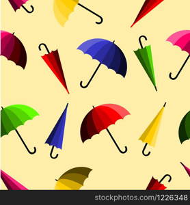 Colorful umbrella on light yellow background. Seamless pattern vector.