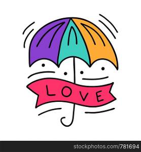 Colorful Umbrella with lettering love vector illustration on doodle style for Valentines Day and love romantic design.