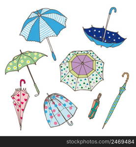 Colorful umbrellas collection of different types in various positions in hand drawn style isolated vector illustration. Colorful Umbrellas Collection