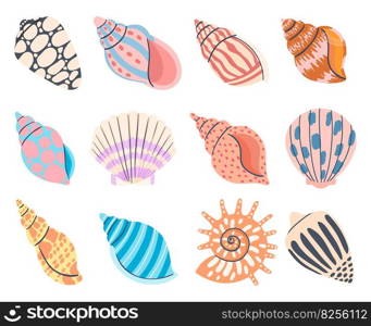 Colorful underwater conches of mollusk and sea snail. Vector of ocean shell, snail and conch, marine nature mollusk illustration. Colorful underwater conches of mollusk and sea snail