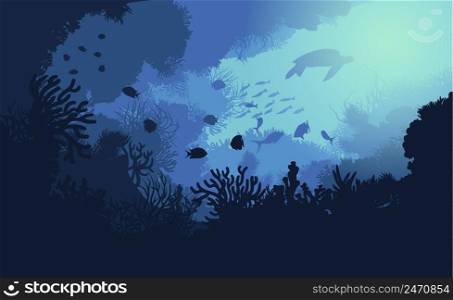 Colorful underwater life template with marine plants swimming fishes and turtle vector illustration. Colorful Underwater Life Template