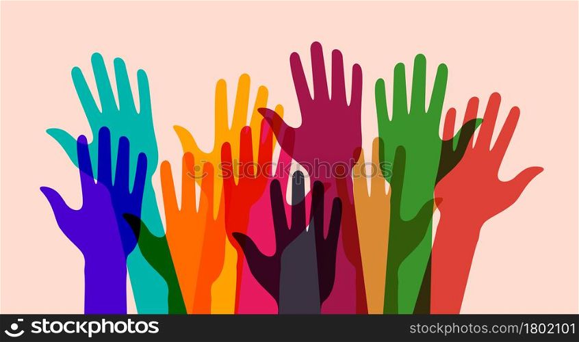 Colorful up hands. Charity, volunteering or donating concept. Raised up human hands. Flat vector illustration isolated on pink background.. Colorful up hands. Flat vector illustration isolated on pink