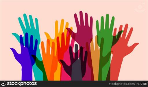 Colorful up hands. Charity, volunteering or donating concept. Raised up human hands. Flat vector illustration isolated on pink background.. Colorful up hands. Flat vector illustration isolated on pink