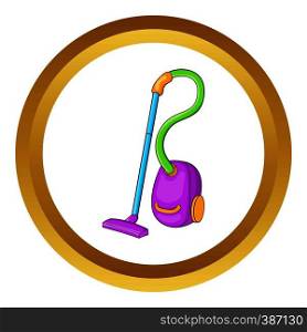 Colorful vacuum cleaner vector icon in golden circle, cartoon style isolated on white background. Colorful vacuum cleaner vector icon