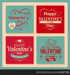 Colorful valentines day grunge cards template with typography sign and hearts. Valentine love grunge poster romantic banner greeting. Vector illustration. Colorful valentines day grunge cards template with typography sign and hearts