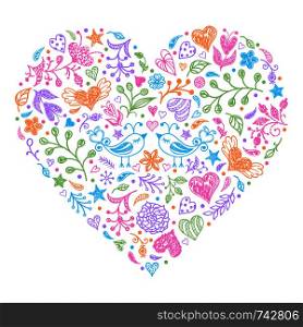Colorful Valentines heart with birds,flowers and other elements.Vector illustration.. Colorful Valentines heart