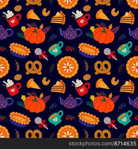 Colorful various autumn pastry and drinks amidst leaves forming seamless pattern on blue background. seamless pattern of various autumn desserts