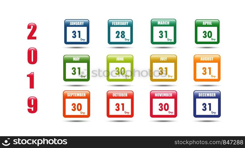Colorful vector calendar for 2019 with the number of days in a month. Vector illustration. Colorful vector calendar for 2019 with the number of days in a month