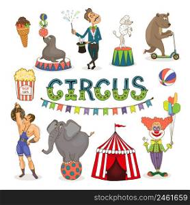 Colorful vector circus funfair and fairground icon set with an ice cream balancing seal poodle and elephant magician bear popcorn strongman big top and clown with text - Circus and bunting