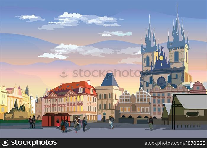 Colorful vector drawing Illustration. Cityscape of Old Town Square and Tyn Church. Landmark of Prague, Czech Republic. Vector illustration of landmark of Prague.