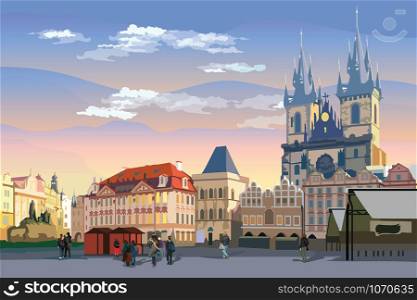 Colorful vector drawing Illustration. Cityscape of Old Town Square and Tyn Church. Landmark of Prague, Czech Republic. Vector illustration of landmark of Prague.