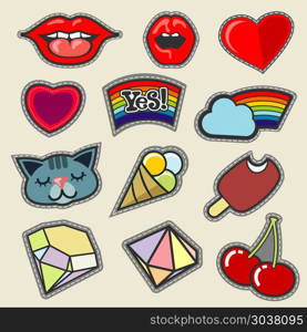 Colorful vector embroidery patches set. Colorful vector embroidery patches set. Sticker and badge ice cream, cat and diamond illustration